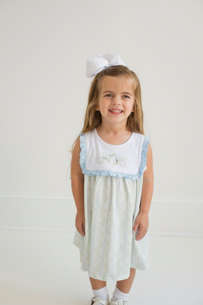 Floral bunny embroidery ruffle dress