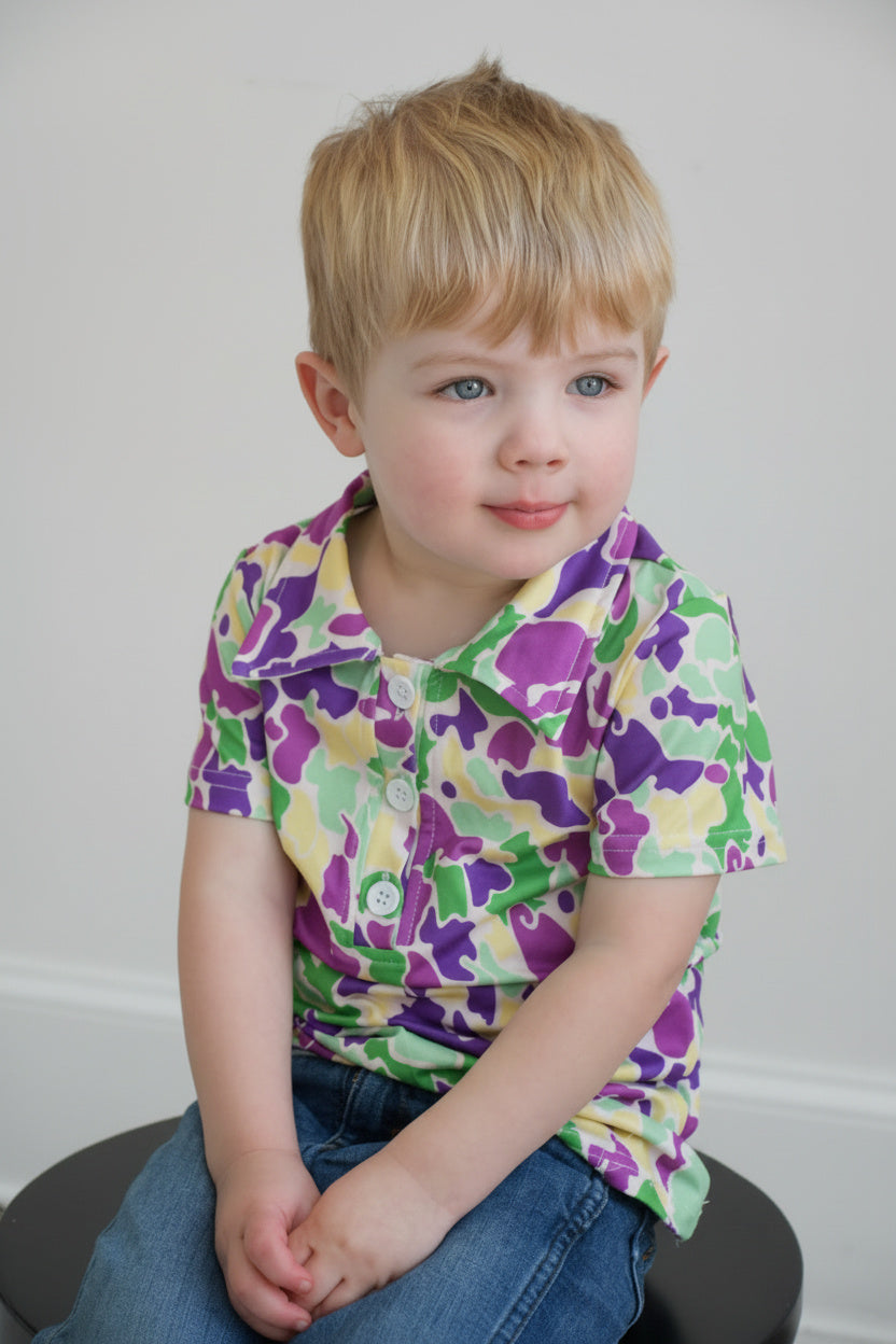 Mardi Gras Camo Collared Shirt