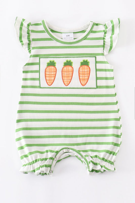 Green Stripe Carrot Appliqué Ruffle Baby Romper