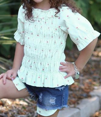 LT. YELLOW FLORAL TOP WITH DISTRESSED DENIM SHORTS
